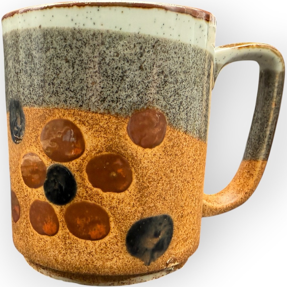 Vtg Stoneware Coffee Mug Earthy Speckled Glaze Abstract Circles Brown Grey